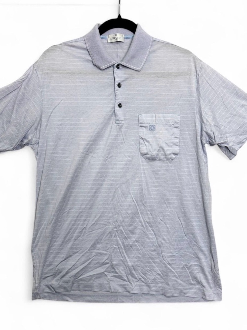 Designer Style Light Blue Polo Striped Pocket Minimalist Luxury Preppy Sz L